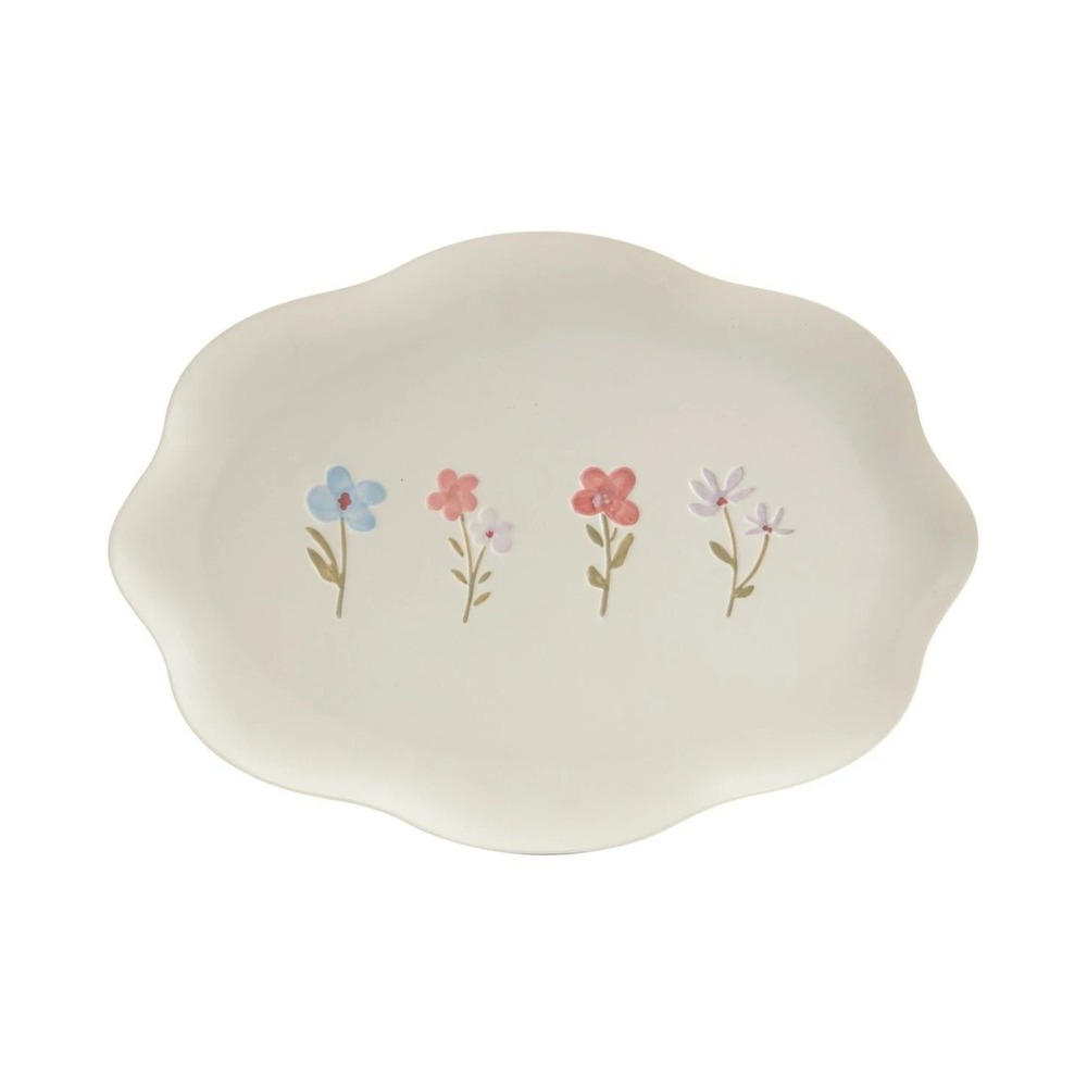 Haven 14" Scallop Floral Stoneware Serving Platter‎ - White with Floral Debossed